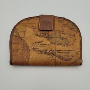 Alviero Martini 1a Classe Geo Map Vintage Leather Wallet Tan 09104 Made in Italy